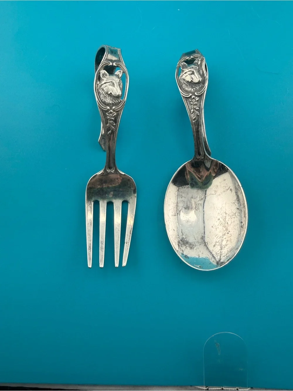 Gorham Sterling Silver Fox Baby Fork & Spoon Set Loop Handles 37.9g